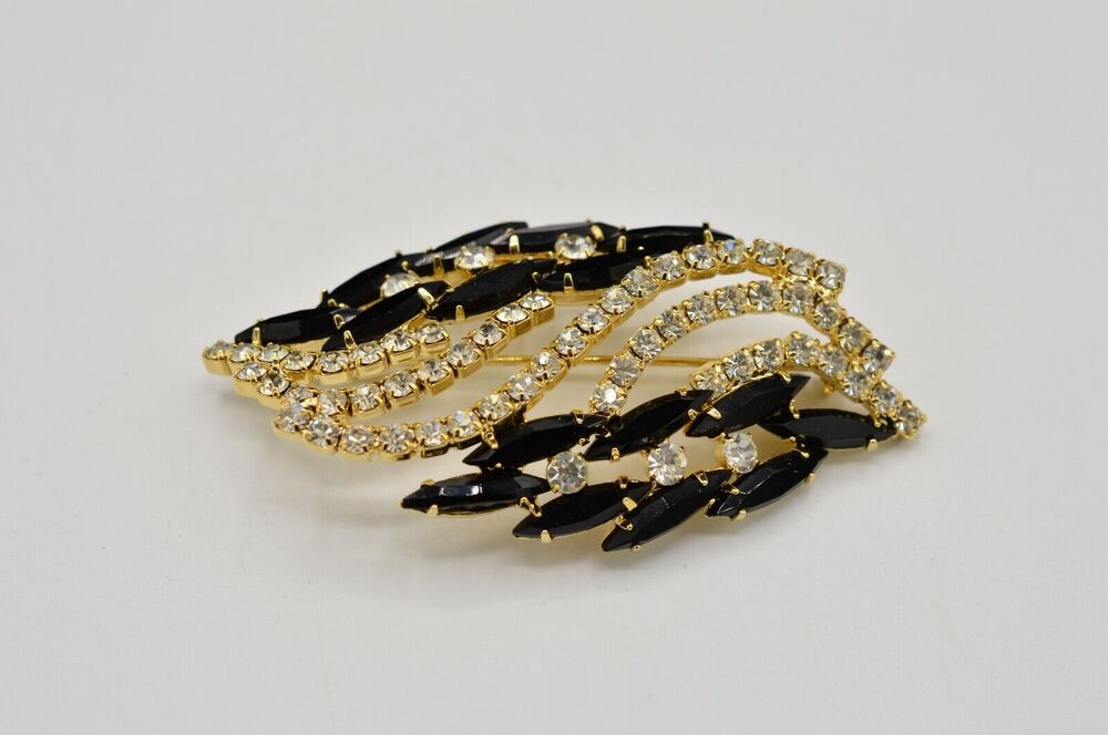 Vintage Prong Crystal Pin Brooch Marquise Rhinestone Black Chunky 1960s BinV